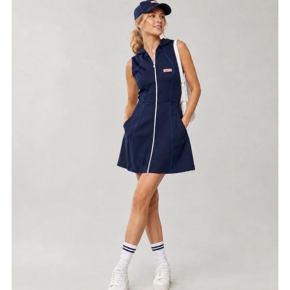 Hunter x Target Dress S Blue Sleeveless Hooded Full Zip Scuba Activewear Mini